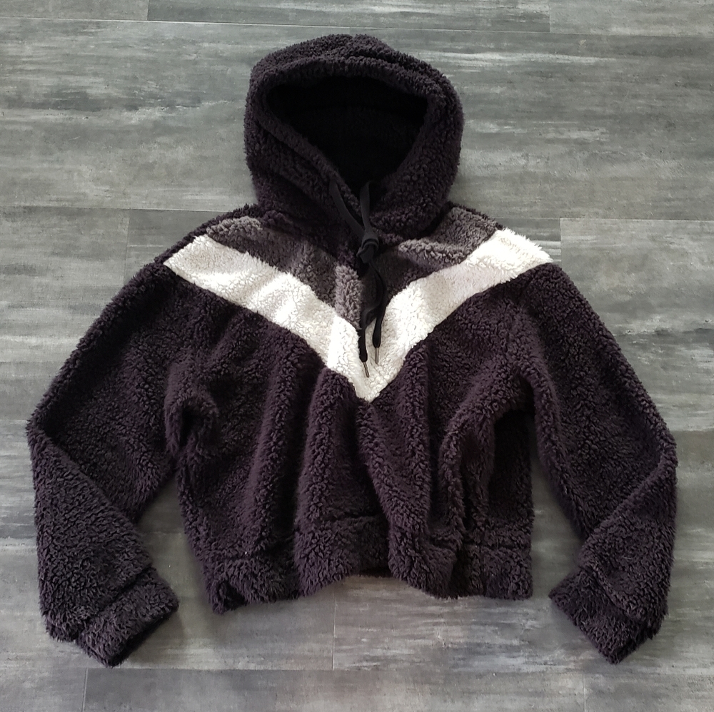 Black White Chevron Striped Rewash Teddy Hoodie